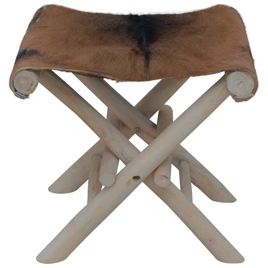 Folding stool, natural leather and solid teak wood