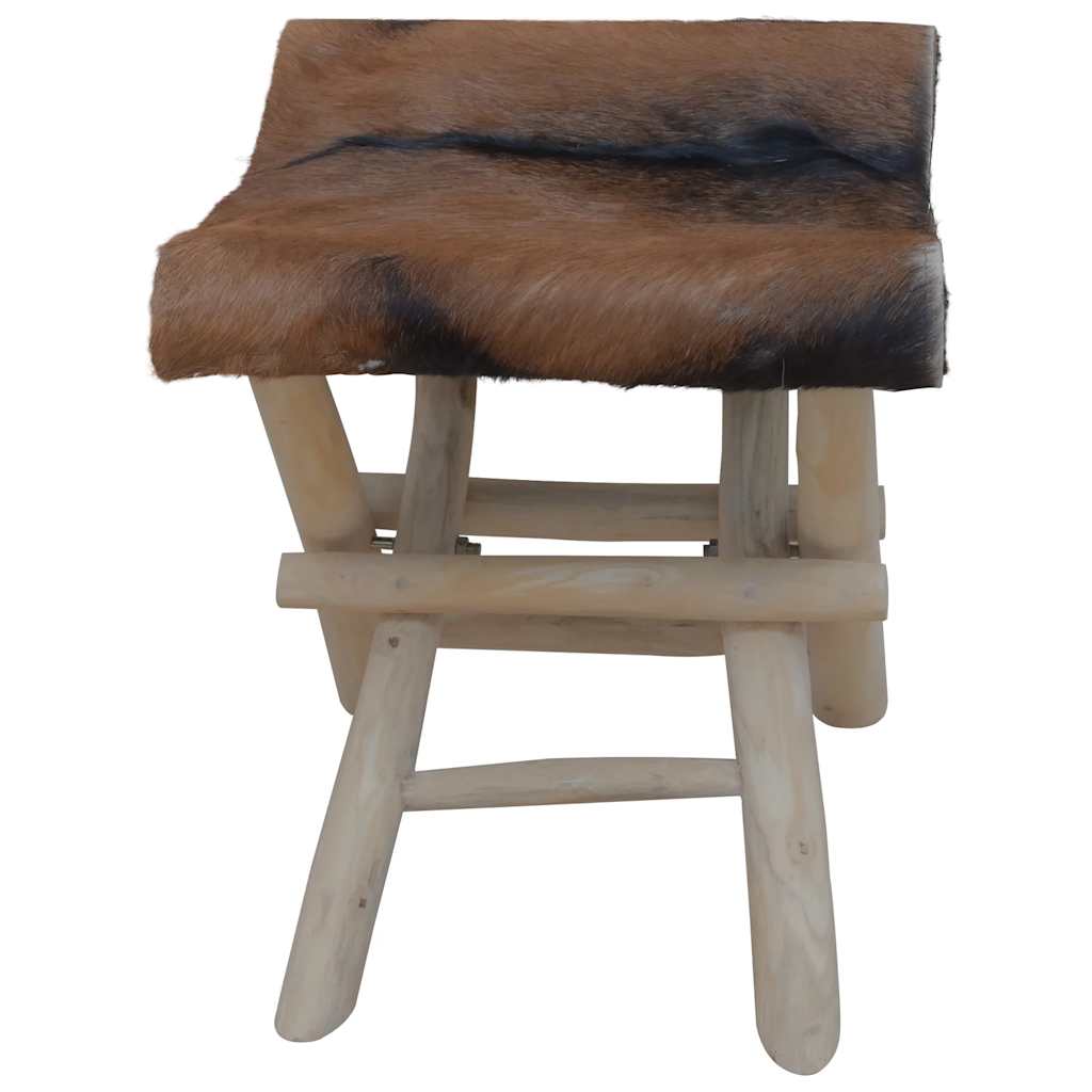 Folding stool, natural leather and solid teak wood