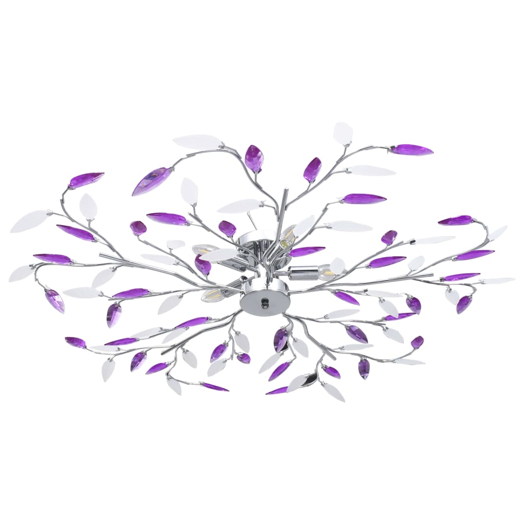 Chandelier with leaf-type arms, purple acrylic crystal, 5 E14 bulbs