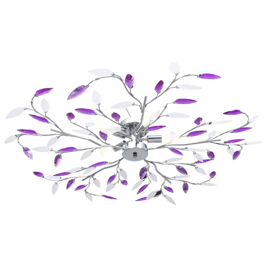 Chandelier with leaf-type arms, purple acrylic crystal, 5 E14 bulbs