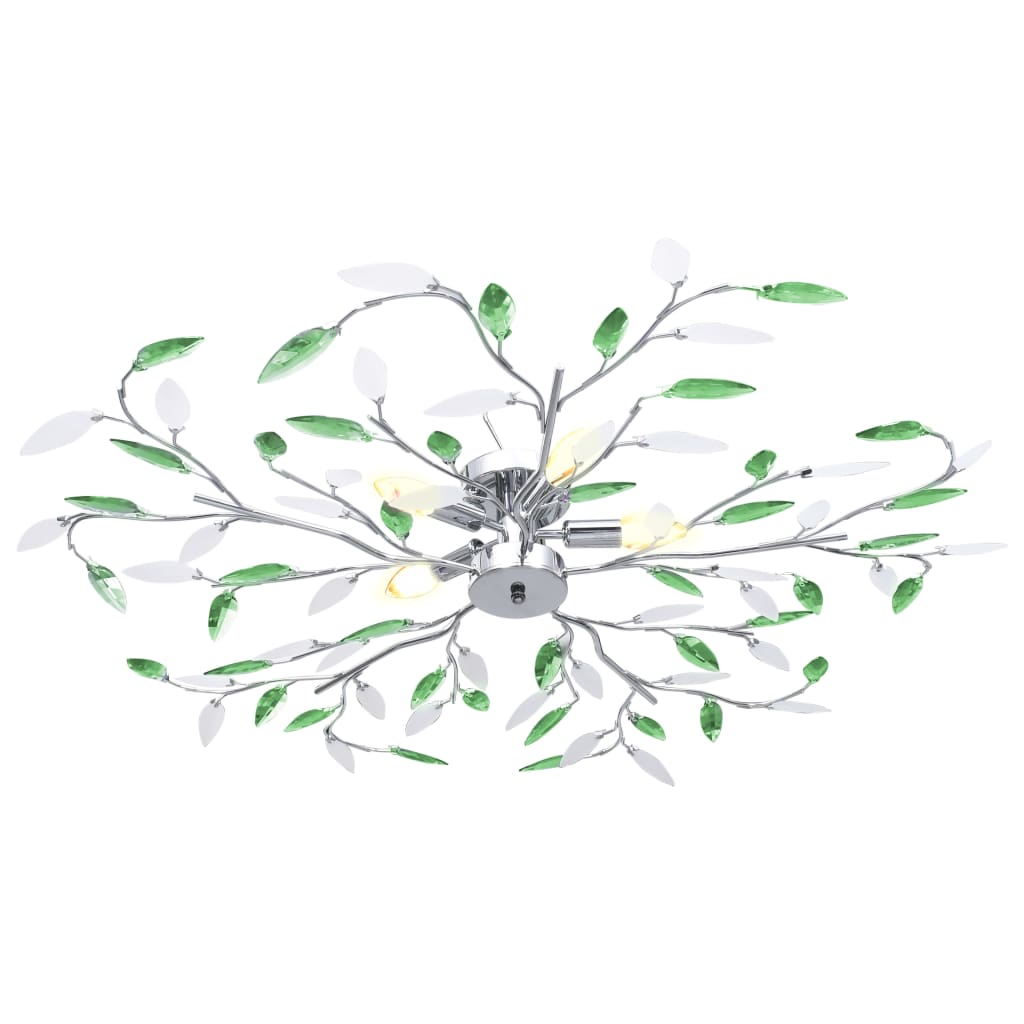 Chandelier with leaf-type arms, green acrylic crystal, 5 E14 bulbs