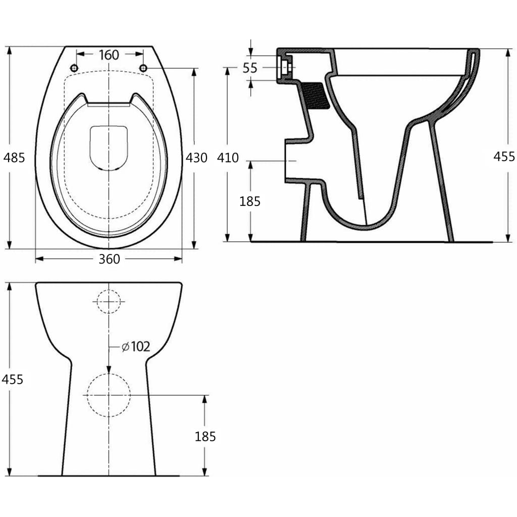 Rimless toilet bowl, silent closing, + 7 cm, white, ceramic