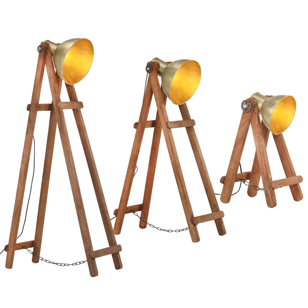 Floor lamps, 3 pcs., brass, solid mango wood, E27