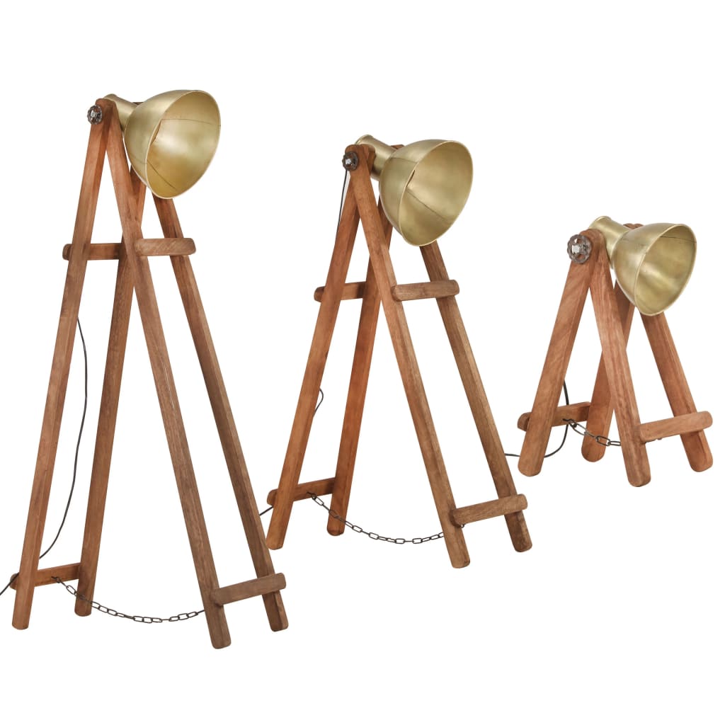 Floor lamps, 3 pcs., brass, solid mango wood, E27