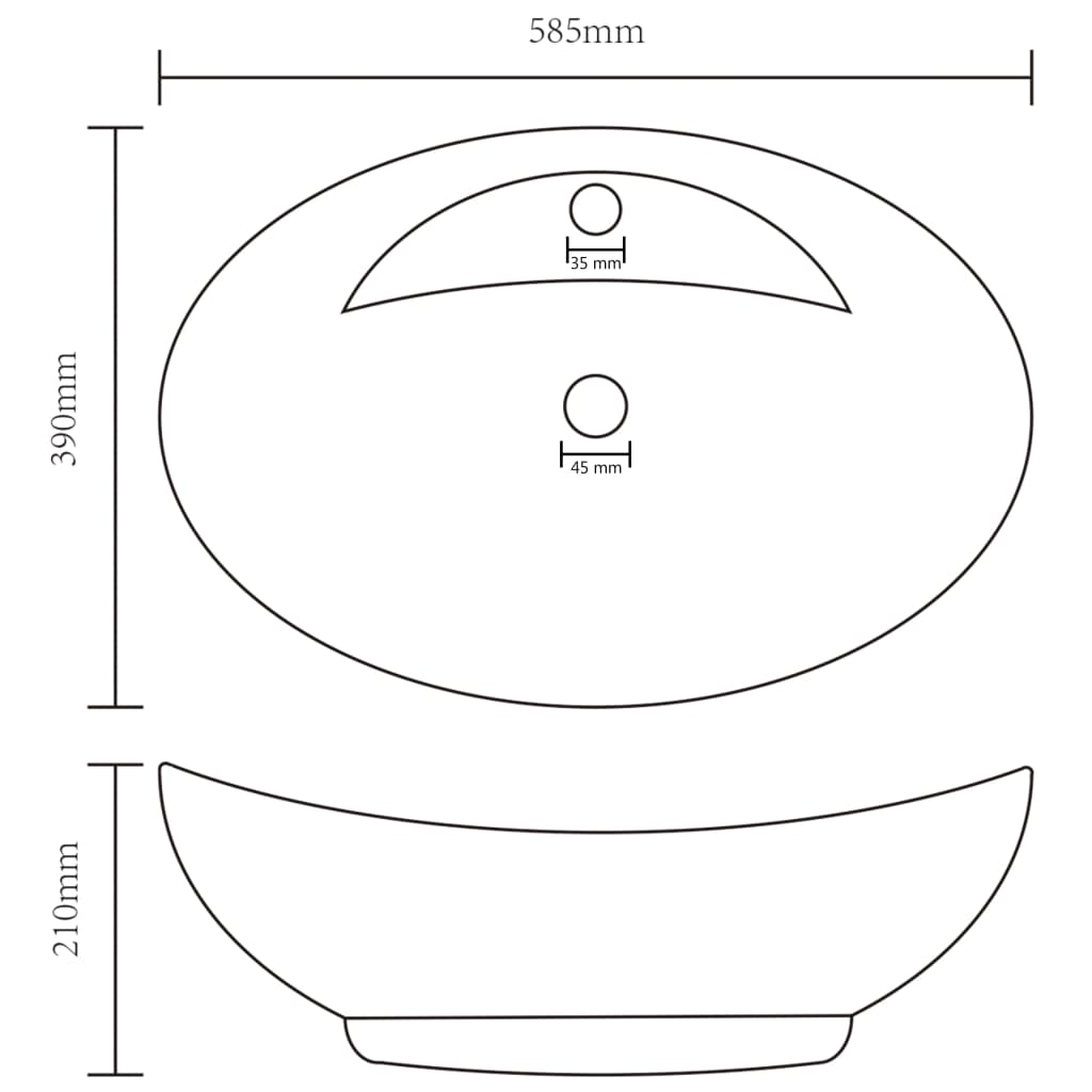 Luxury sink with overflow, matt white, 58.5x39 cm ceramic, oval