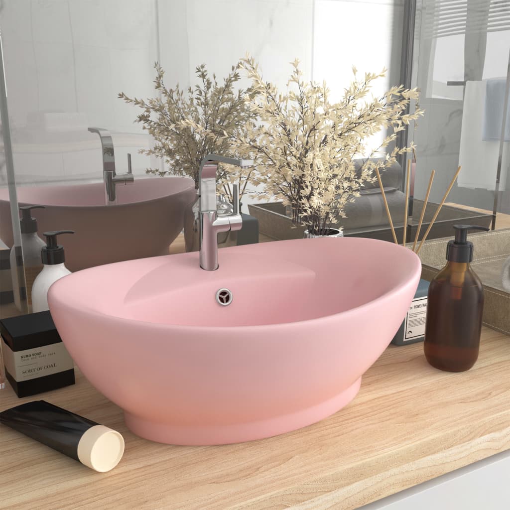 Luxury sink with overflow, matte pink, 58.5x39 cm ceramic, oval