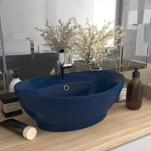 Luxury sink overflow matte blue 58.5x39 cm ceramic oval