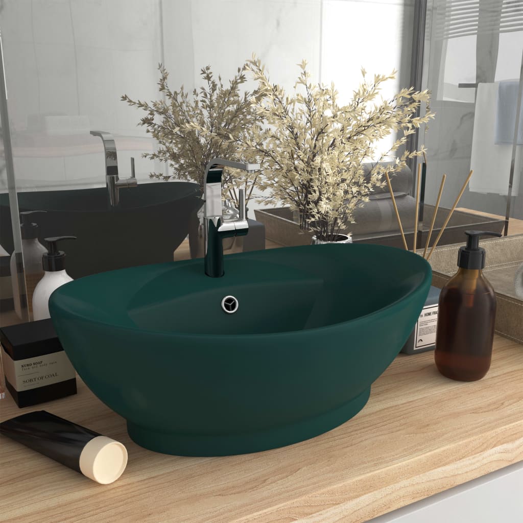 Luxury sink with overflow dark green matt 58.5x39 cm ceramic oval