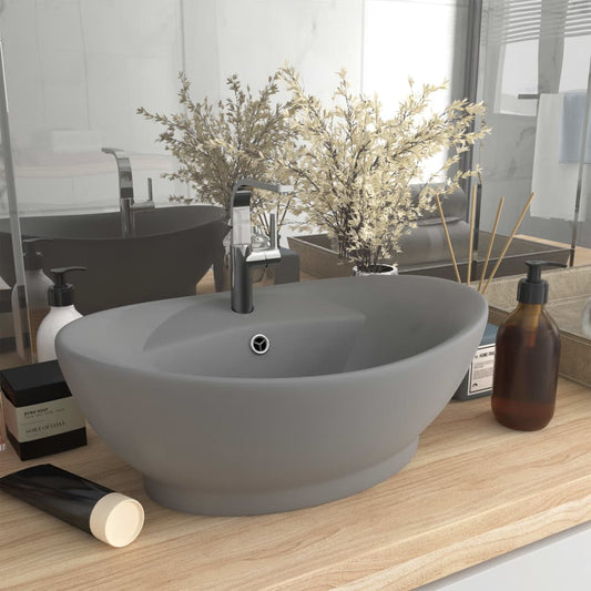 Luxury sink with overflow light gray matte 58.5x39cm ceramic oval