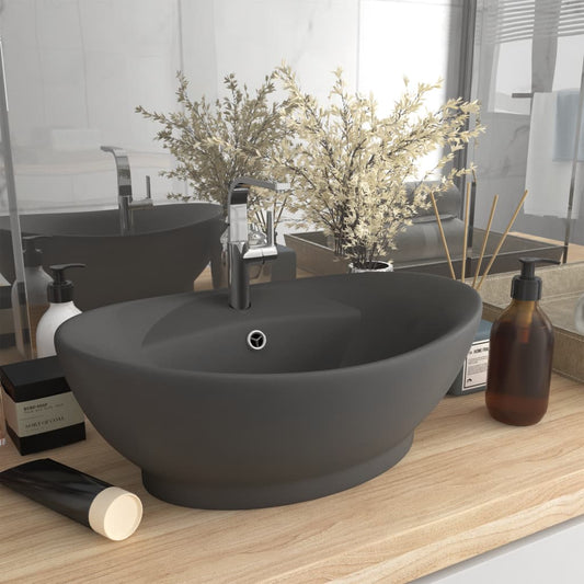 Luxury sink with overflow dark gray matte 58.5x39cm ceramic oval