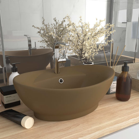 Luxury sink with overflow, matte cream, 58.5x39 cm ceramic, oval