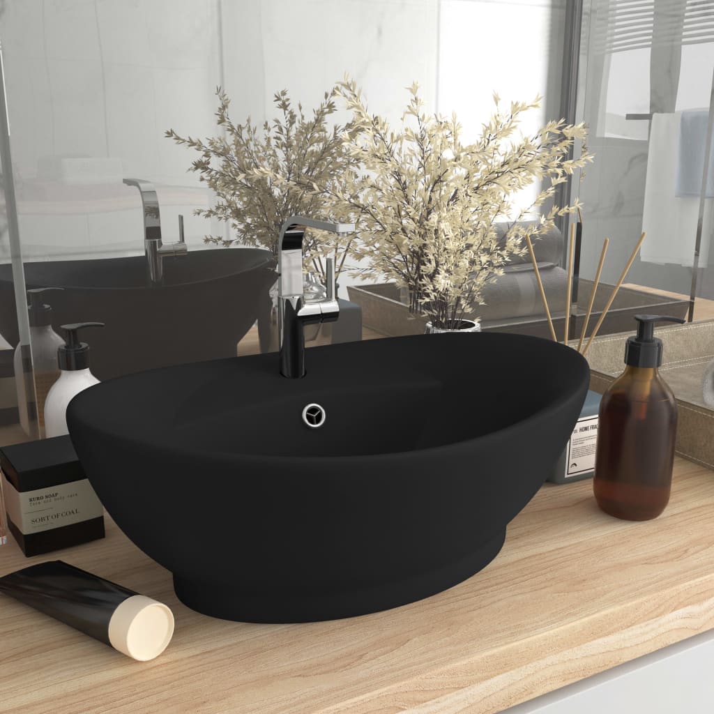 Luxury sink with overflow, matt black, 58.5x39 cm ceramic, oval