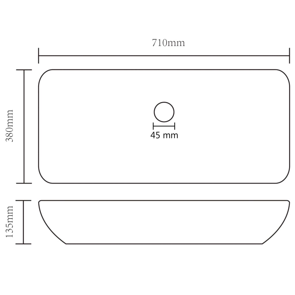 Luxury rectangular sink, matt white, 71 x 38 cm, ceramic