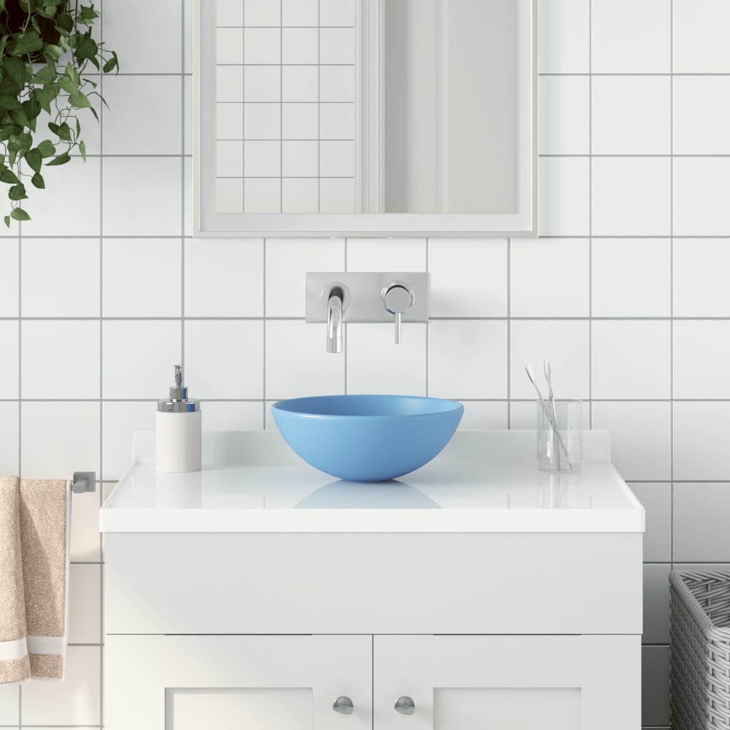 Bathroom sink, light blue, ceramic, round