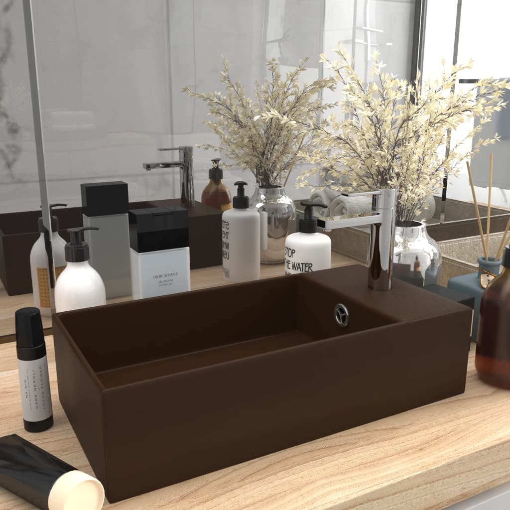 Bathroom sink with overflow, dark brown, ceramic