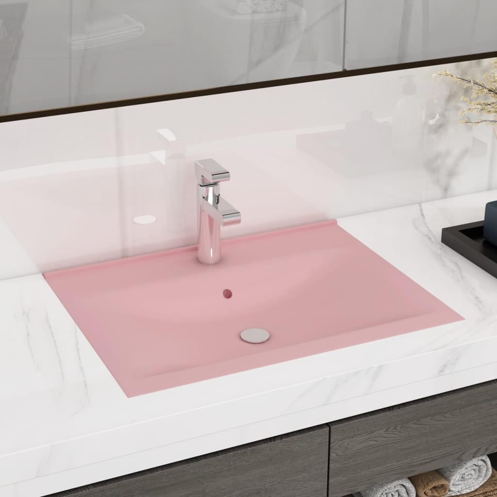 Luxury bathroom sink with tap hole, matte pink, 60x46 cm, ceramic