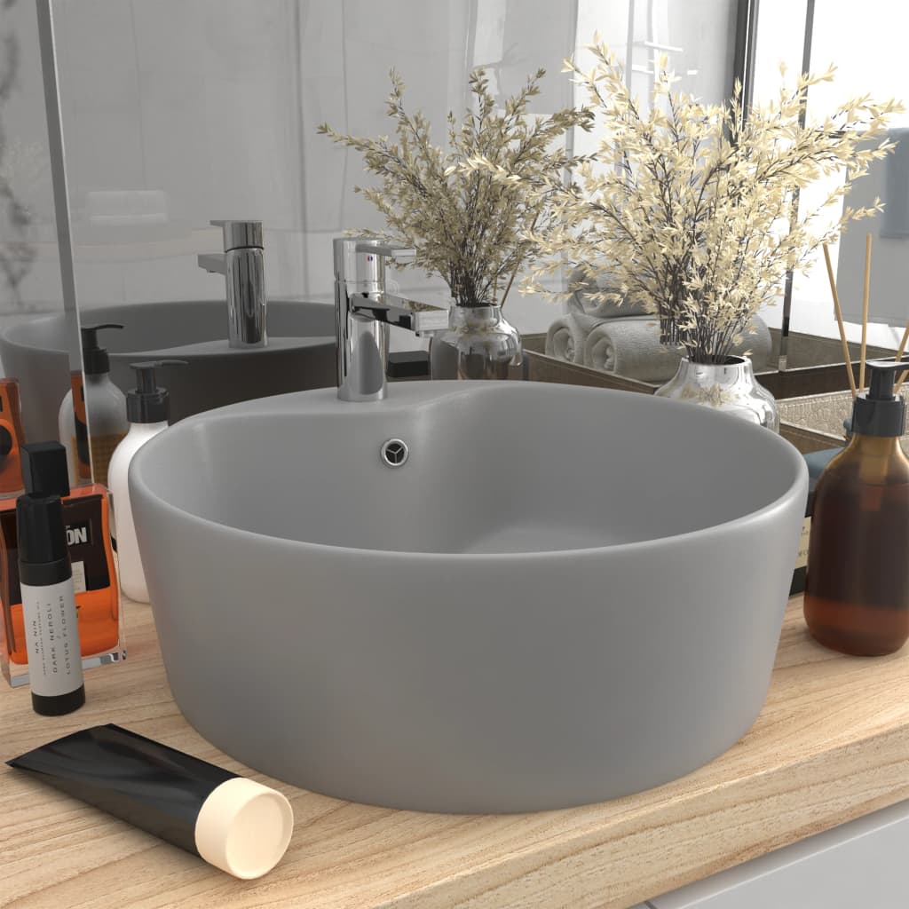 Luxury sink with overflow, light grey matt, 36x13 cm ceramic