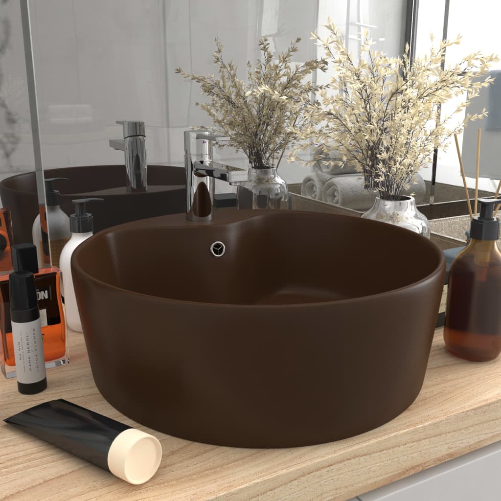 Luxury sink with overflow, dark brown matt, 36x13cm, ceramic