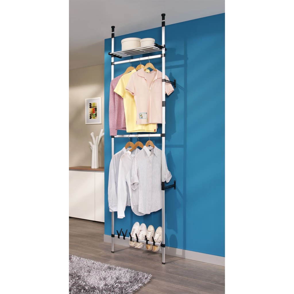 Telescopic wardrobe system, with rails and shelf, aluminum