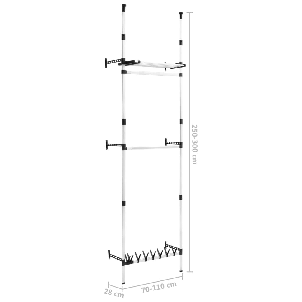 Telescopic wardrobe system, with rails and shelf, aluminum