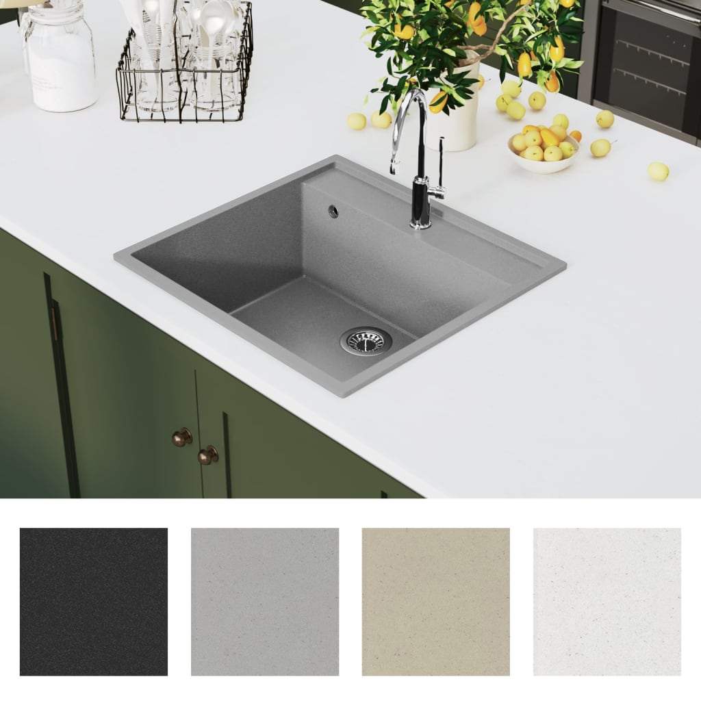 Kitchen sink with overflow, gray, granite