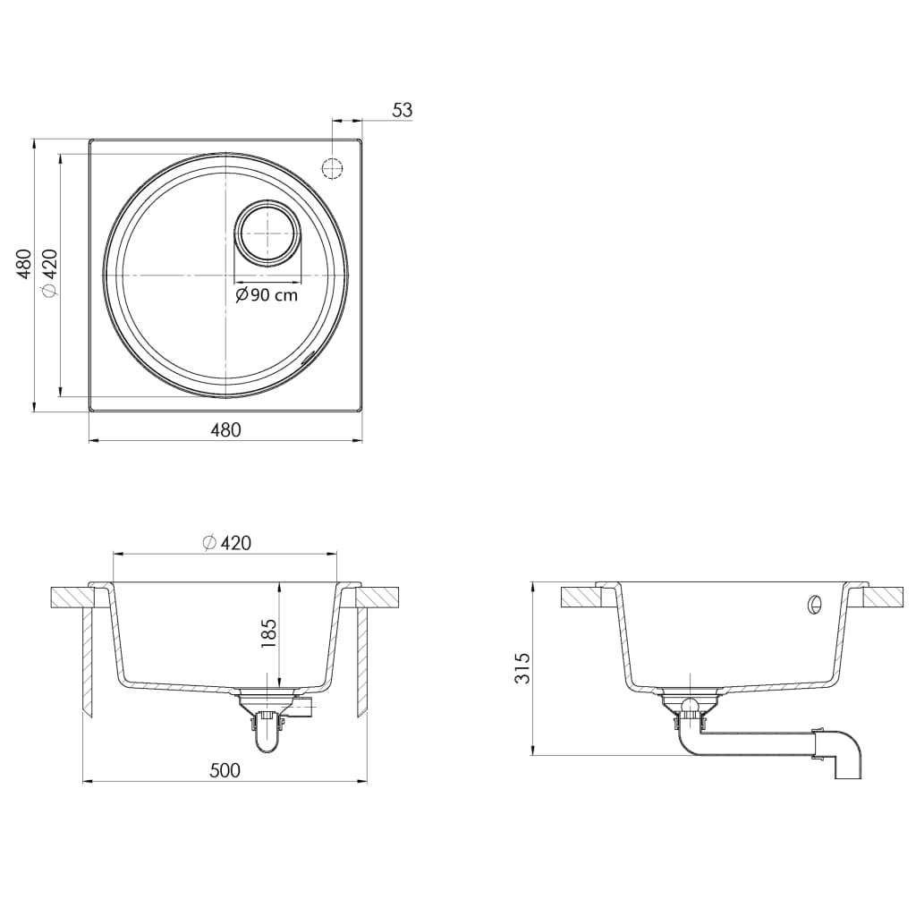 Kitchen sink with overflow, black, granite