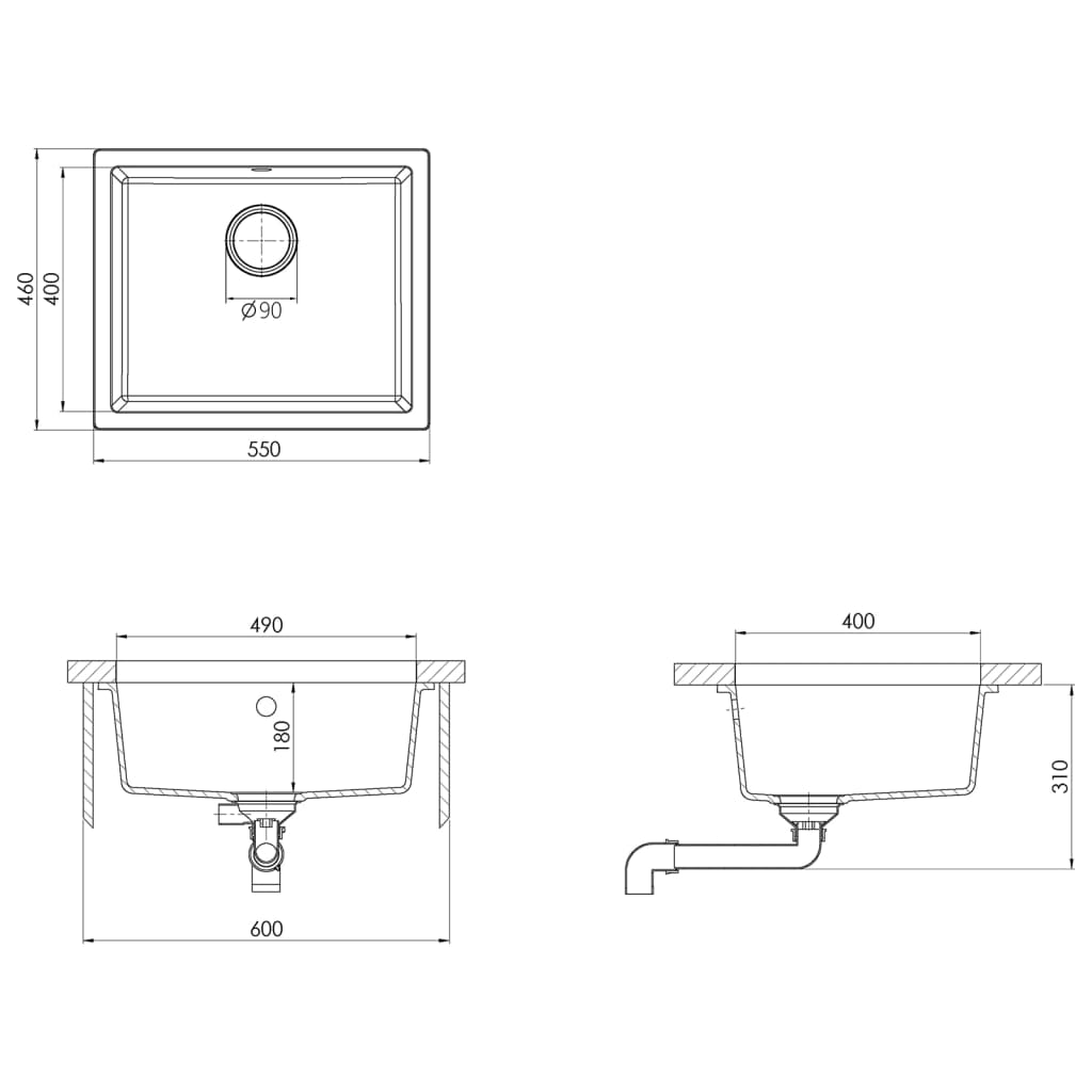 Kitchen sink with overflow, black, granite