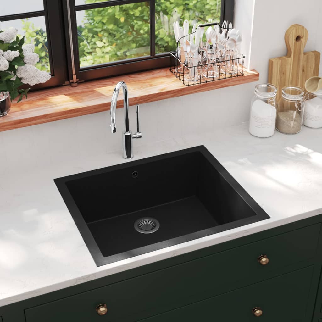 Kitchen sink with overflow, black, granite