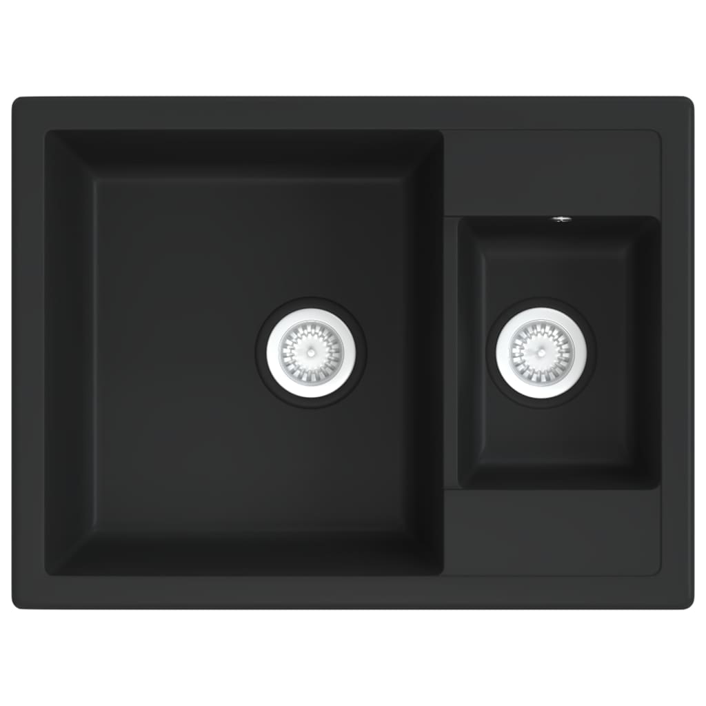 Double kitchen sink with overflow, black, granite