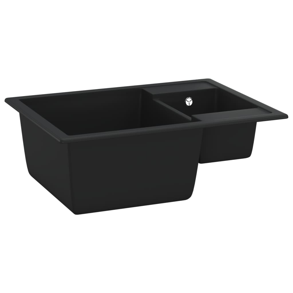 Double kitchen sink with overflow, black, granite