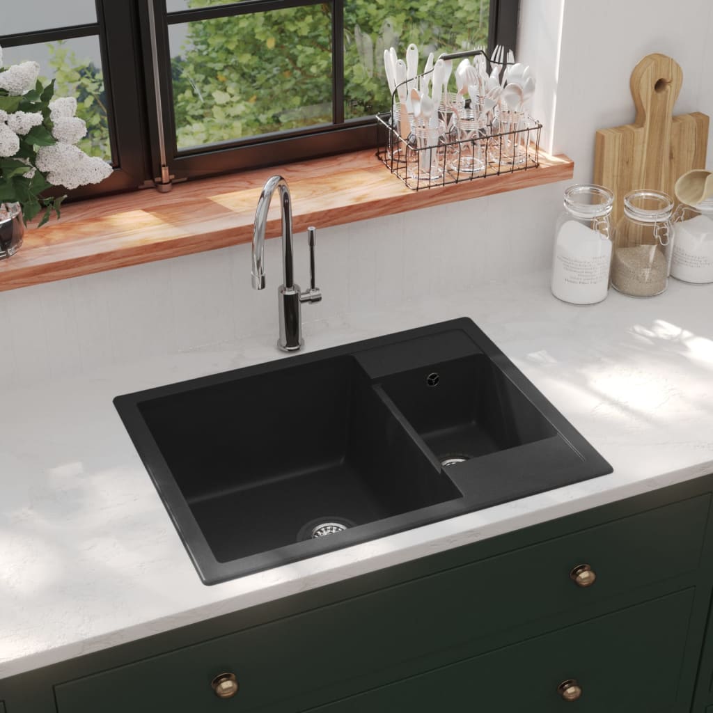 Double kitchen sink with overflow, black, granite