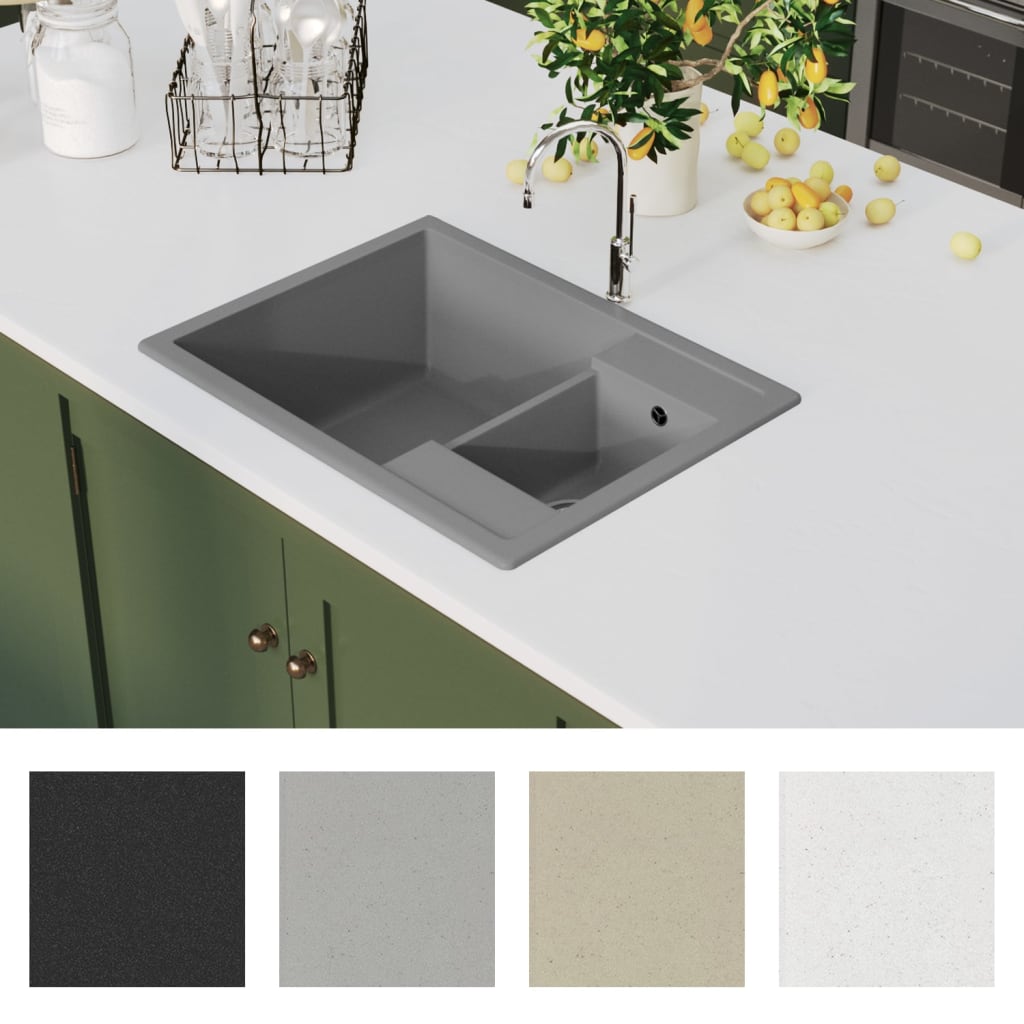 Double kitchen sink with overflow, granite grey