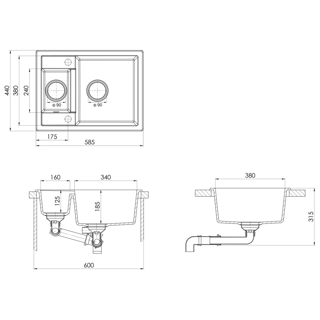 Double kitchen sink with overflow, granite grey