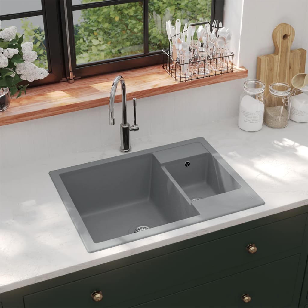 Double kitchen sink with overflow, granite grey