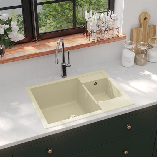 Double kitchen sink with overflow, beige granite