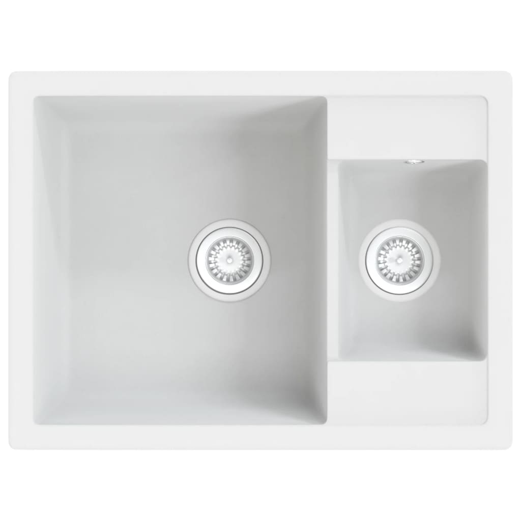 Double kitchen sink with white granite overflow hole