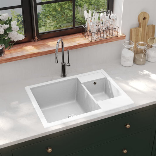 Double kitchen sink with white granite overflow hole