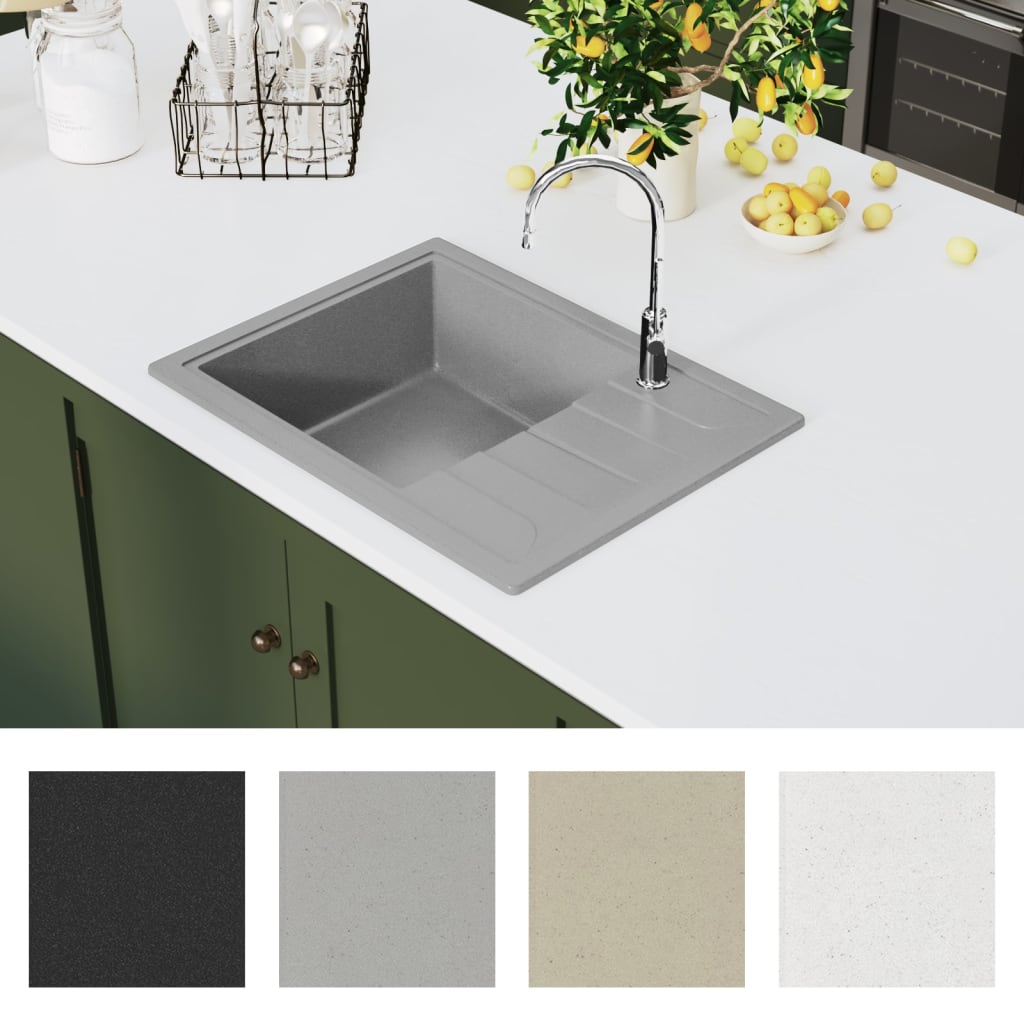 Kitchen sink with overflow hole, gray, oval, granite