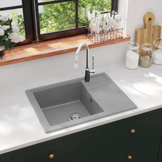 Kitchen sink with overflow hole, gray, oval, granite