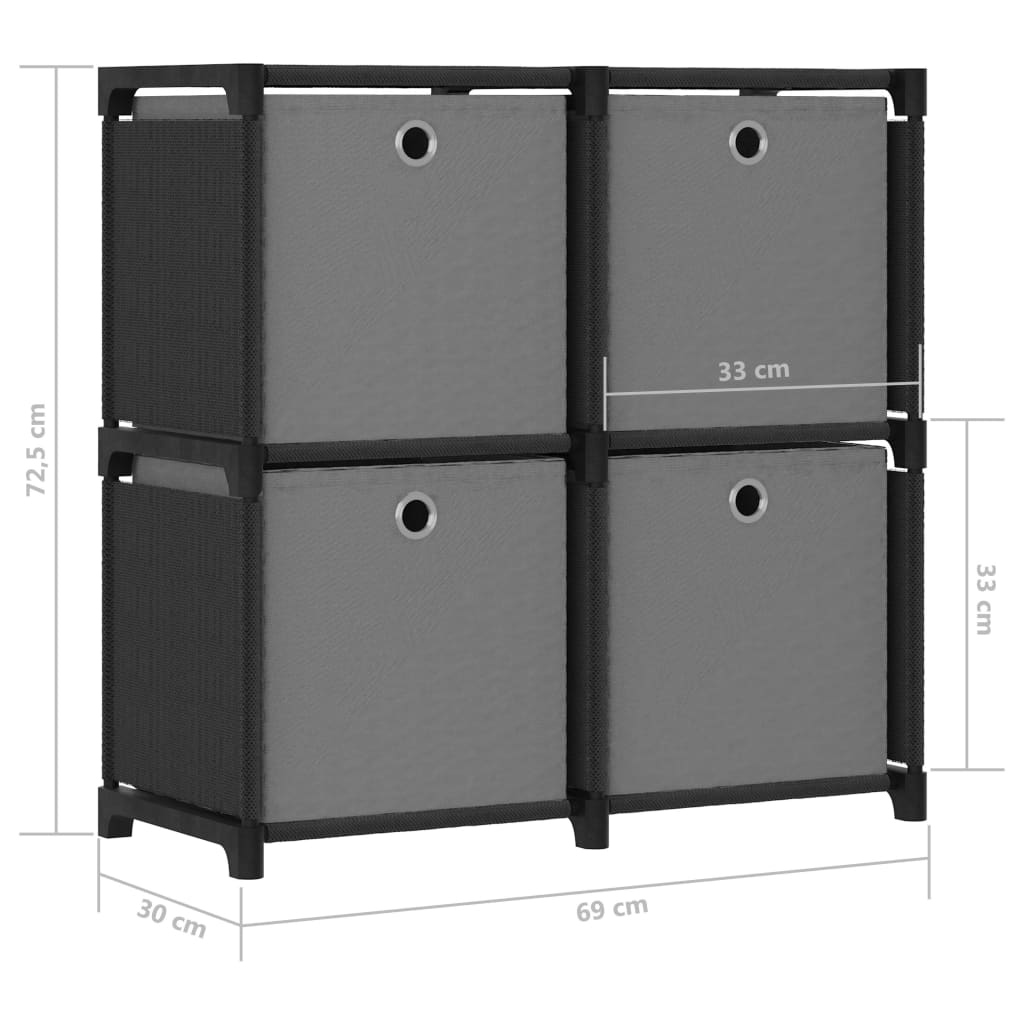 Display shelf with 4 boxes, black, 69 x 30 x 72.5 cm, textile