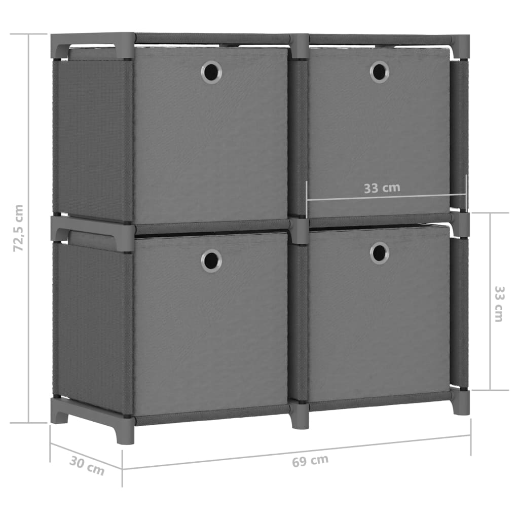 Shelf 4 cubes with boxes, gray, 69x30x72.5 cm, textile material