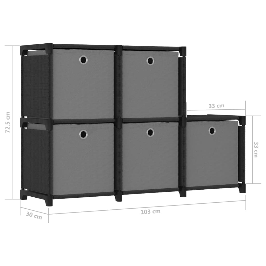 5-cube shelf with boxes, black, 103x30x72.5 cm, textile material