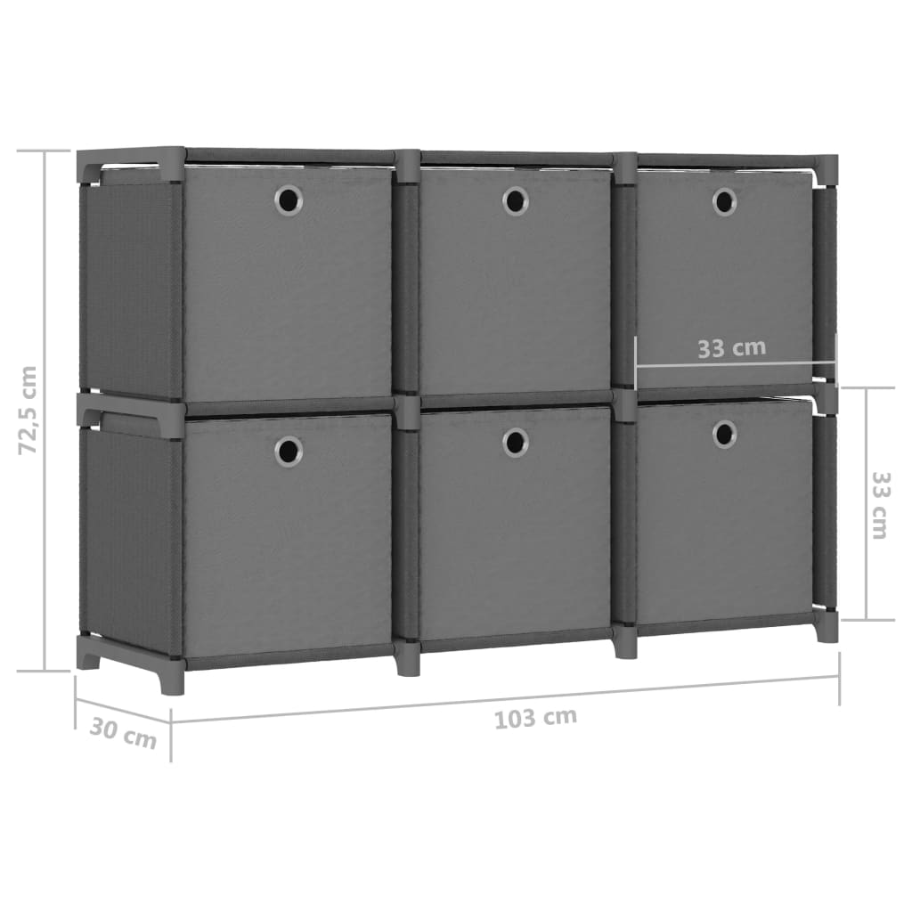 Display shelf, 6 cubes + boxes, gray, 103x30x72.5 cm, textile