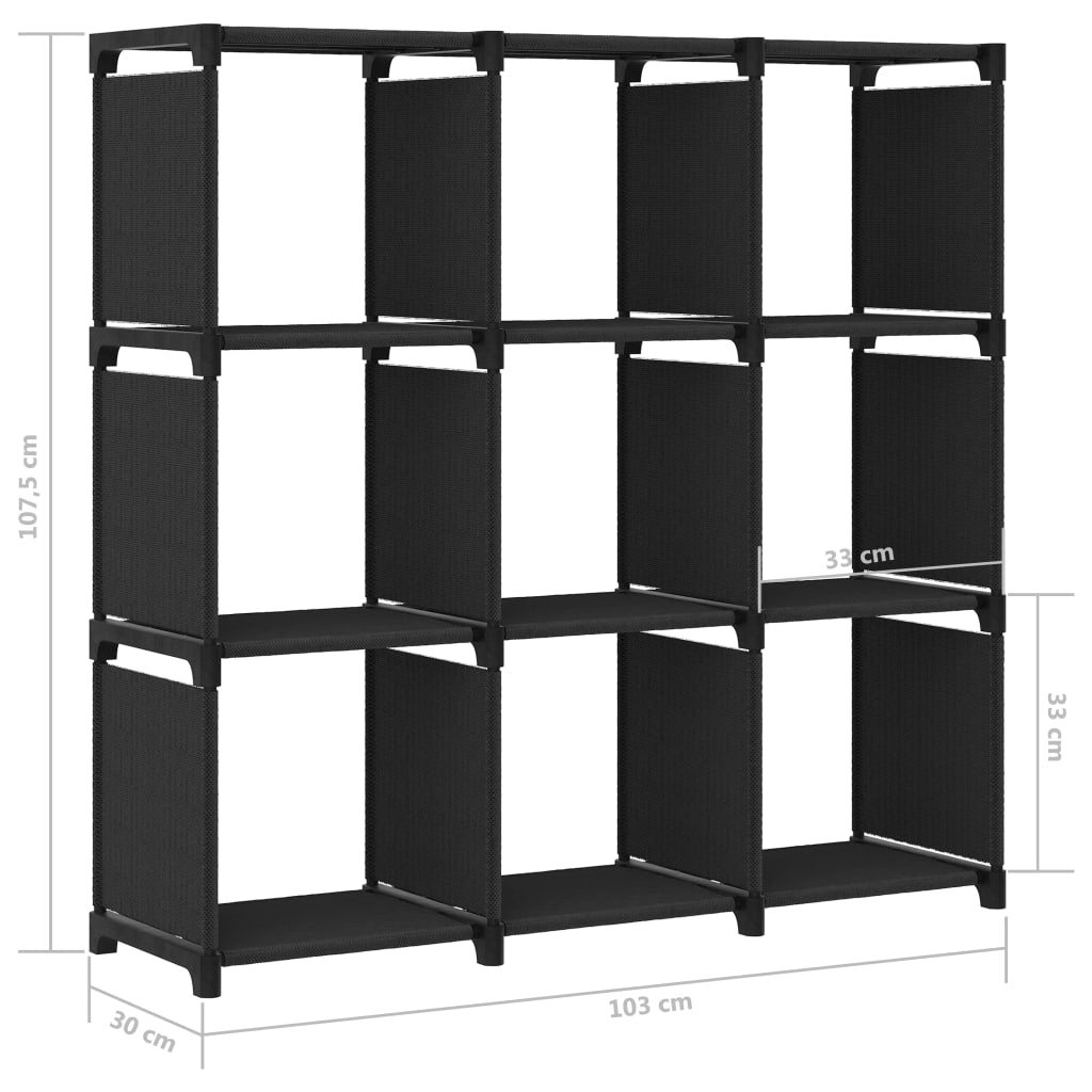 Display shelf 9 cubes black 103x30x107.5 cm, textile material