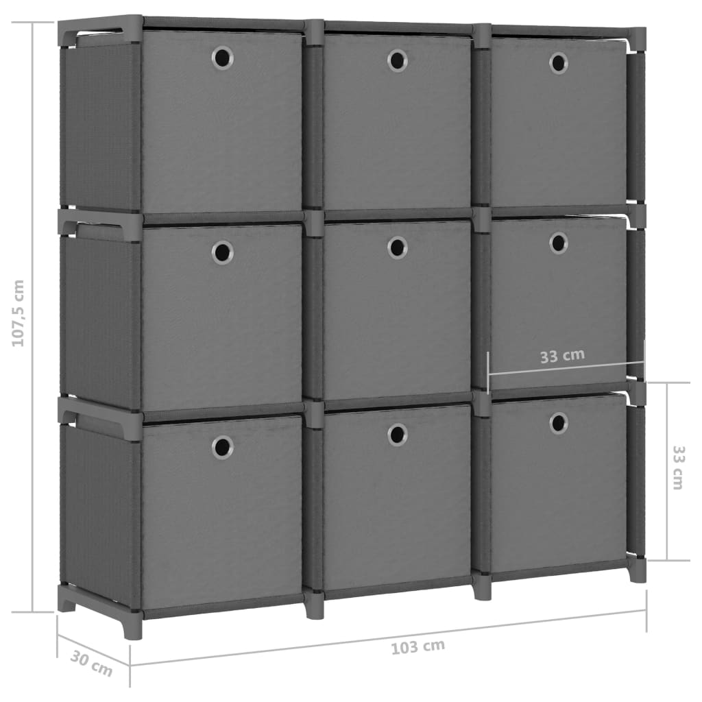 Shelf 9 cubes with boxes, gray, 103x30x107.5 cm, textile material