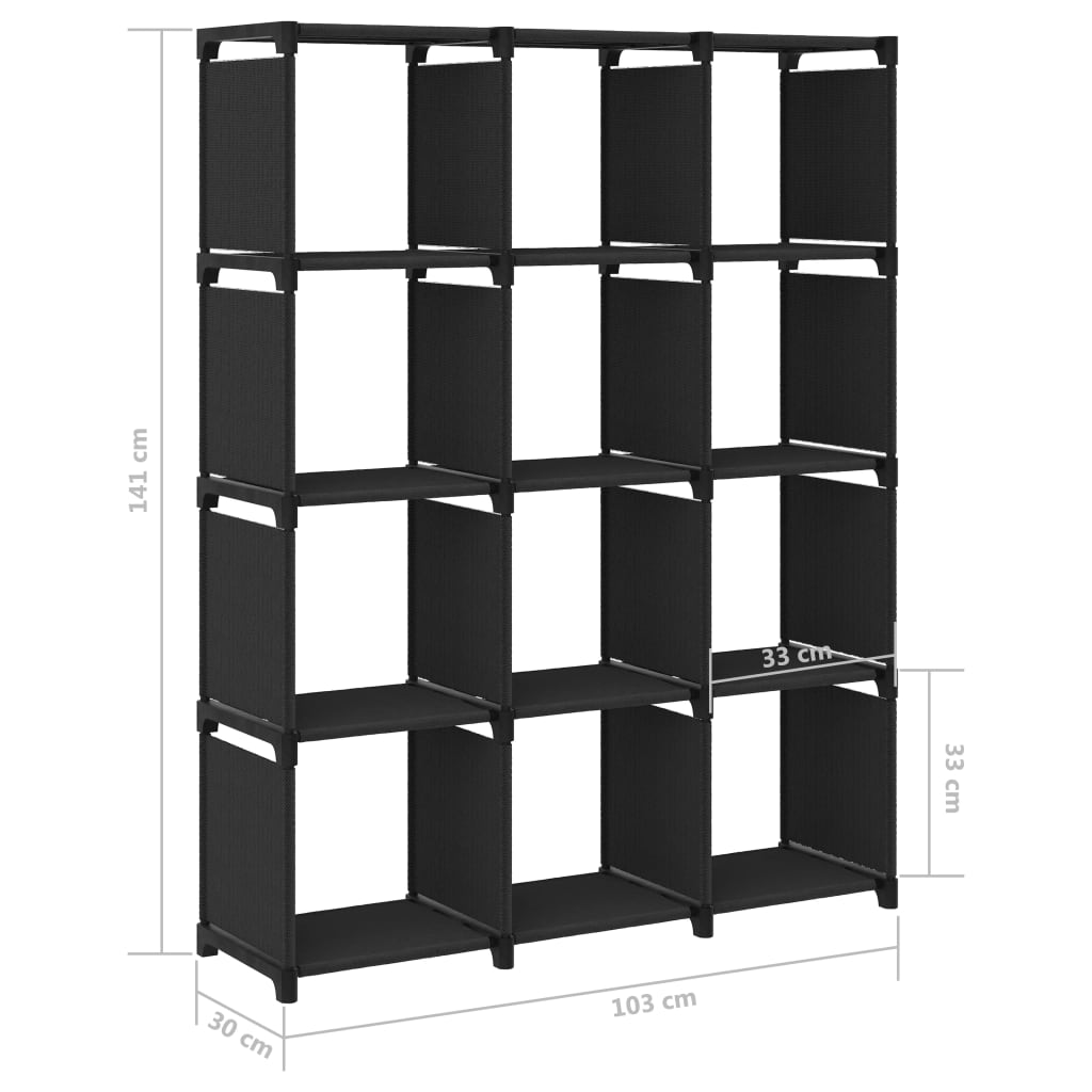 Display shelf, 12 cubes, black, 103x30x141 cm, textile material