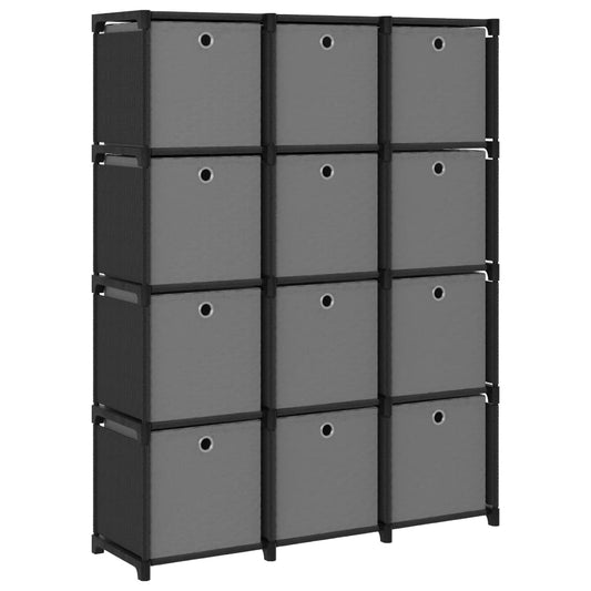 Display shelf, 12 cubes + boxes, black, 103x30x141 cm, textile