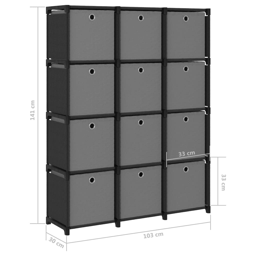 Display shelf, 12 cubes + boxes, black, 103x30x141 cm, textile