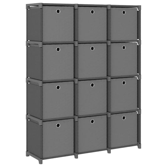 Display shelf, 12 cubes + boxes, gray, 103x30x141 cm, textile