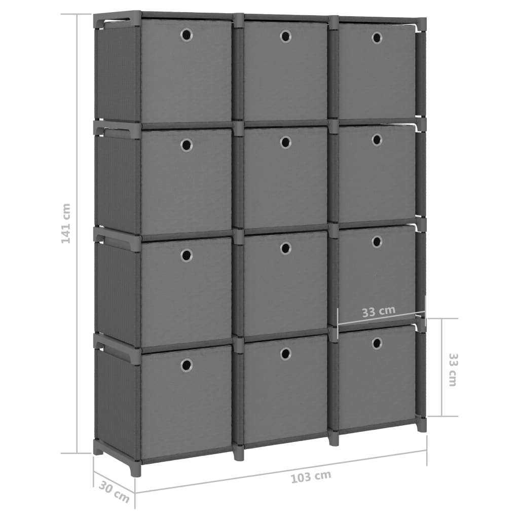 Display shelf, 12 cubes + boxes, gray, 103x30x141 cm, textile